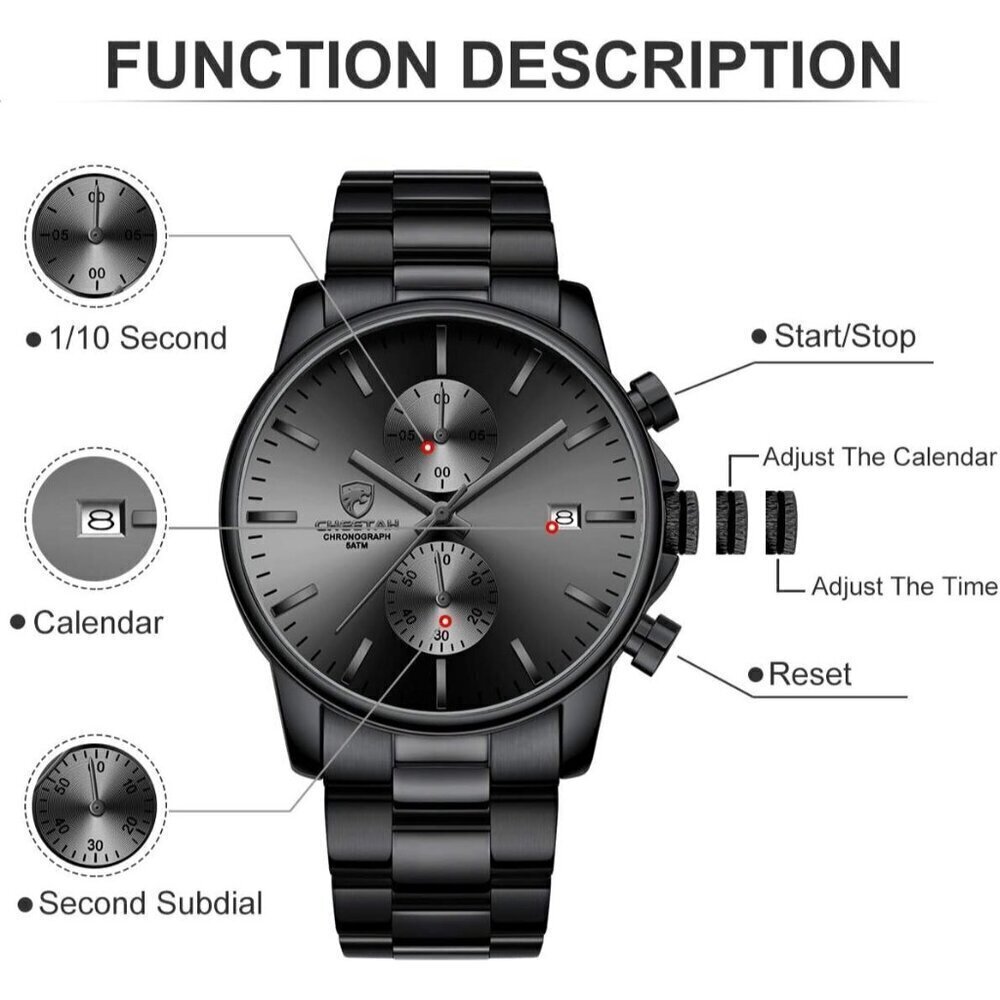 GOLDEN HOUR Men's Black Stainless Steel Chronograph Quartz Watch Waterproof - Picture 4 of 8
